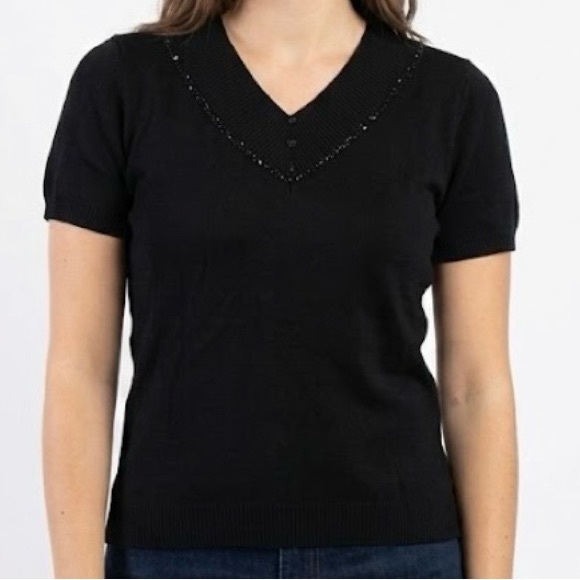 Made in Hong Kong Tops - 80s/90s Hong Kong Beaded Silk Blend Knit Sweater Top Black V-Neck Refined Grunge